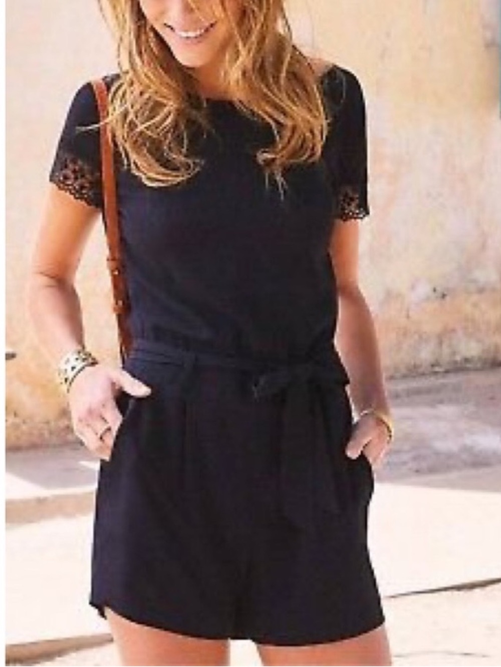 SEZANE Amaya Lace Trim Romper in Black Size 38 Size 6